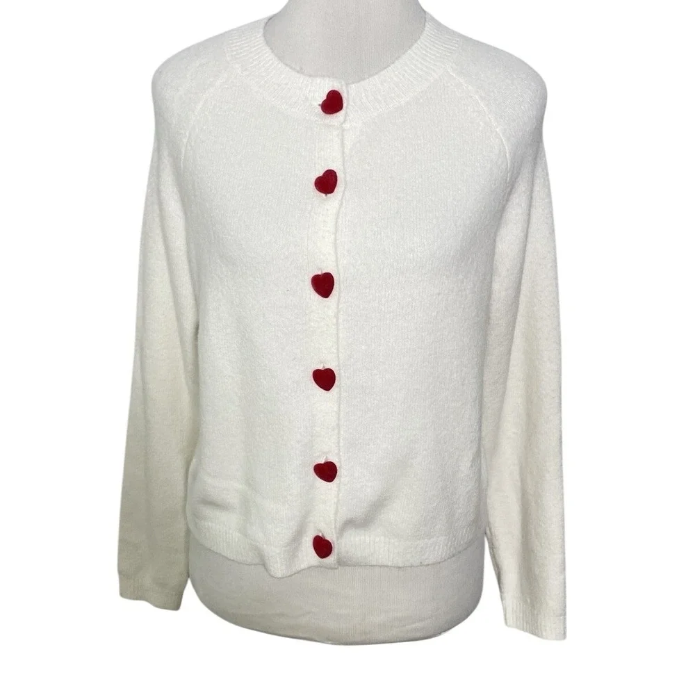 Jessica Simpson White Red Heart Buttons Cardigan Sweater Coquette Preppy M NWT‎